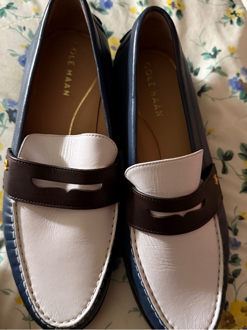 Cole Haan White, Brown and Blue Leather Penny Loafers